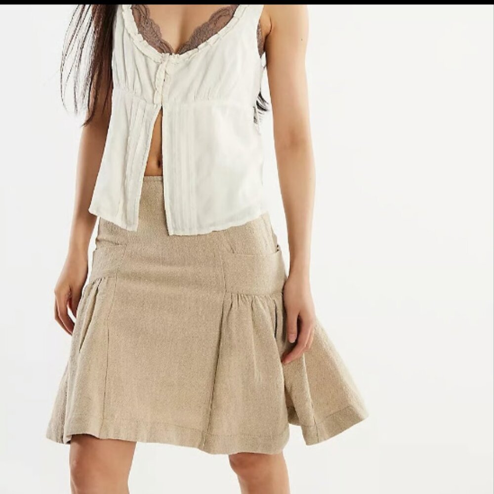 FREE PEOPLE STANSBURY LINEN TAN KHAKI MIDI POCKET SKIRT NEW $128 2